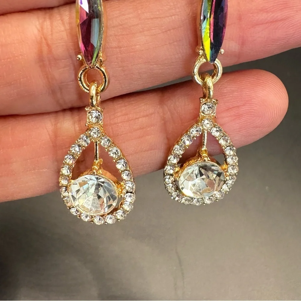 Iridescent Crystal Teardrop Dangle Earrings | Gold Rainbow Rhinestone Tear Drop